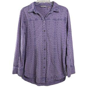 Soft Surroundings Small Purple Long Sleeve Button Up 100% Cotton Eyelet Top EUC